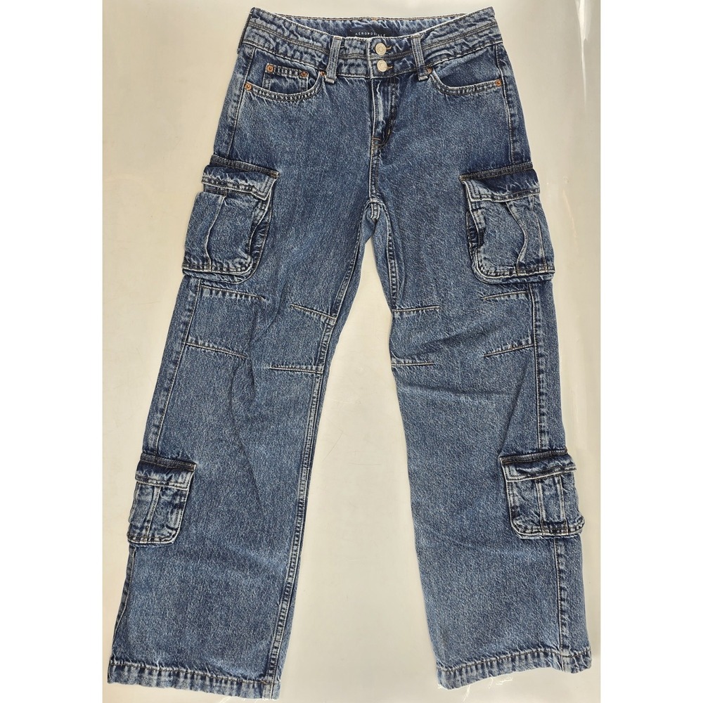 Aeropostale Y2K Baggy Wide Leg Cargo Acid Wash Denim Jeans Sz 00S 14x28